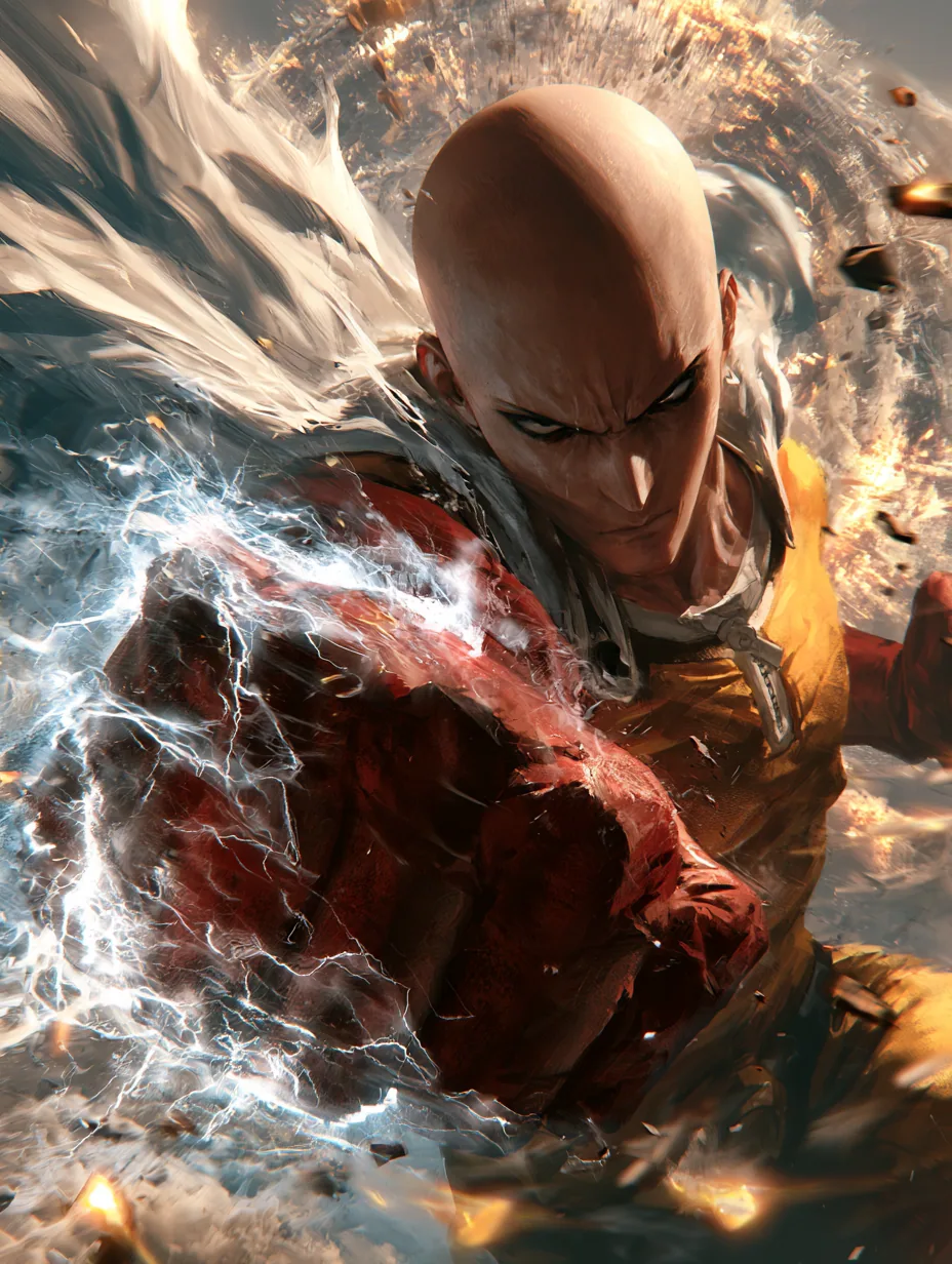 An epic, cinematic, high-quality anime poster of Saitama ...
