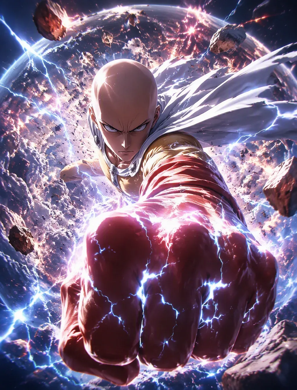 An epic, cinematic, high-quality anime poster of Saitama ...