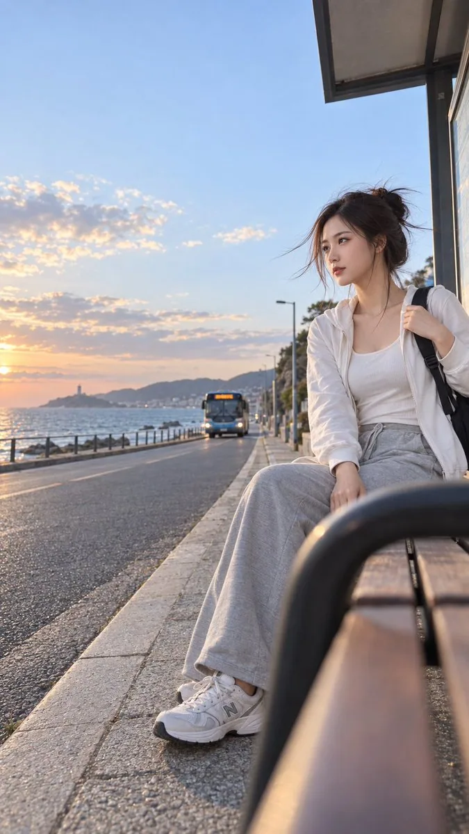 一位成年中国女模特，头发松松扎起，穿轻运动休闲风私服，在临海街道的公交站旁刚刚坐下，背包还挂在一侧肩头，她正伸手将...
