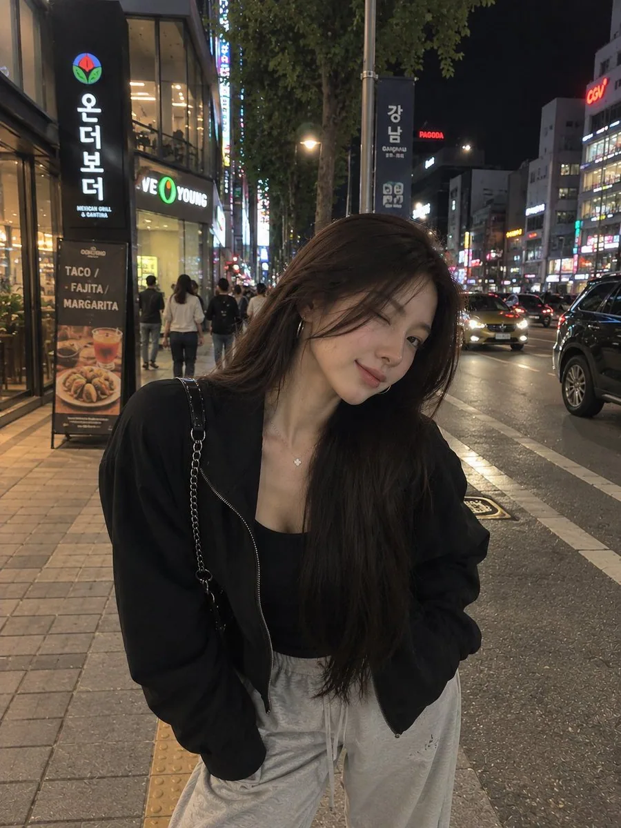 A photorealistic nighttime street-style portrait of a you...
