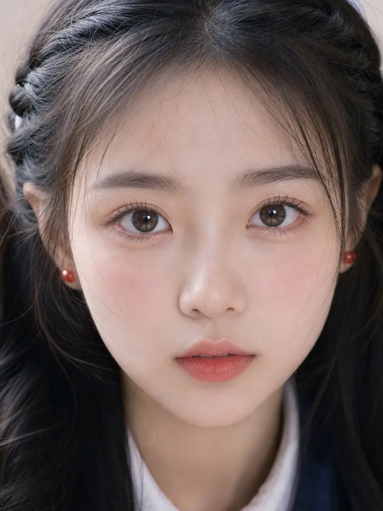 东方年轻少女正面肖像，超近景贴脸特写，镜头距离非常近，画面几乎被脸部填满，人物正面面对镜头，头部端正，视线直视镜头...