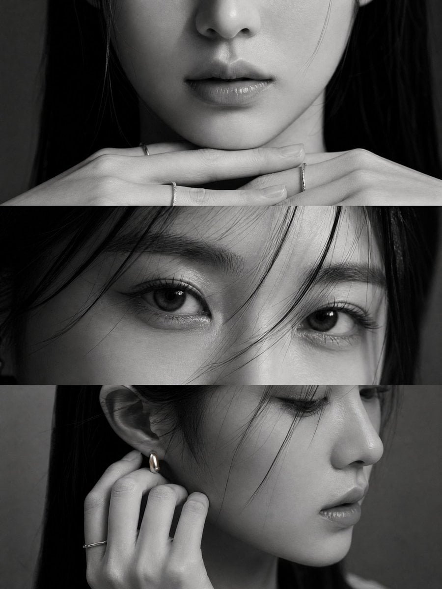 Elegant black-and-white studio editorial of a young Korea...