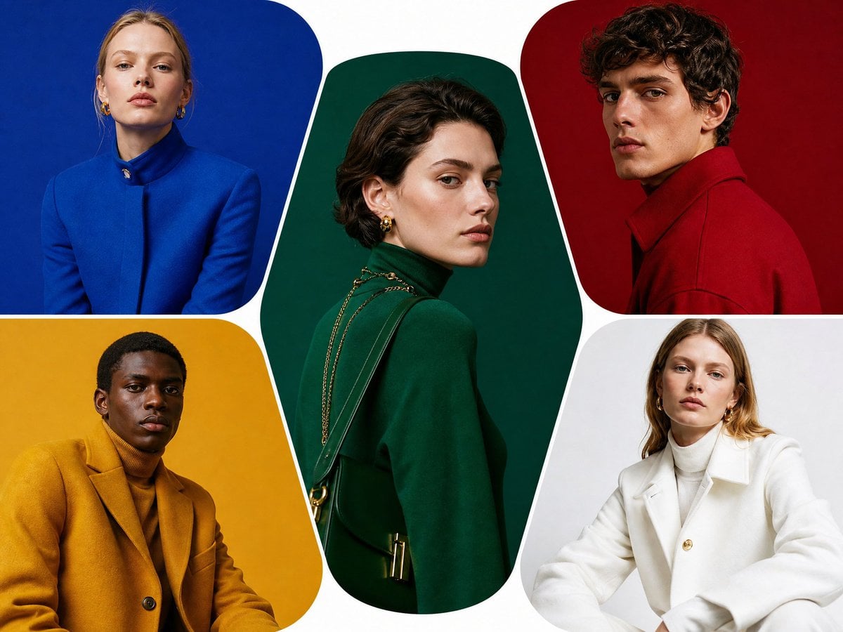 Editorial color-block portrait collage, five stylish Euro...