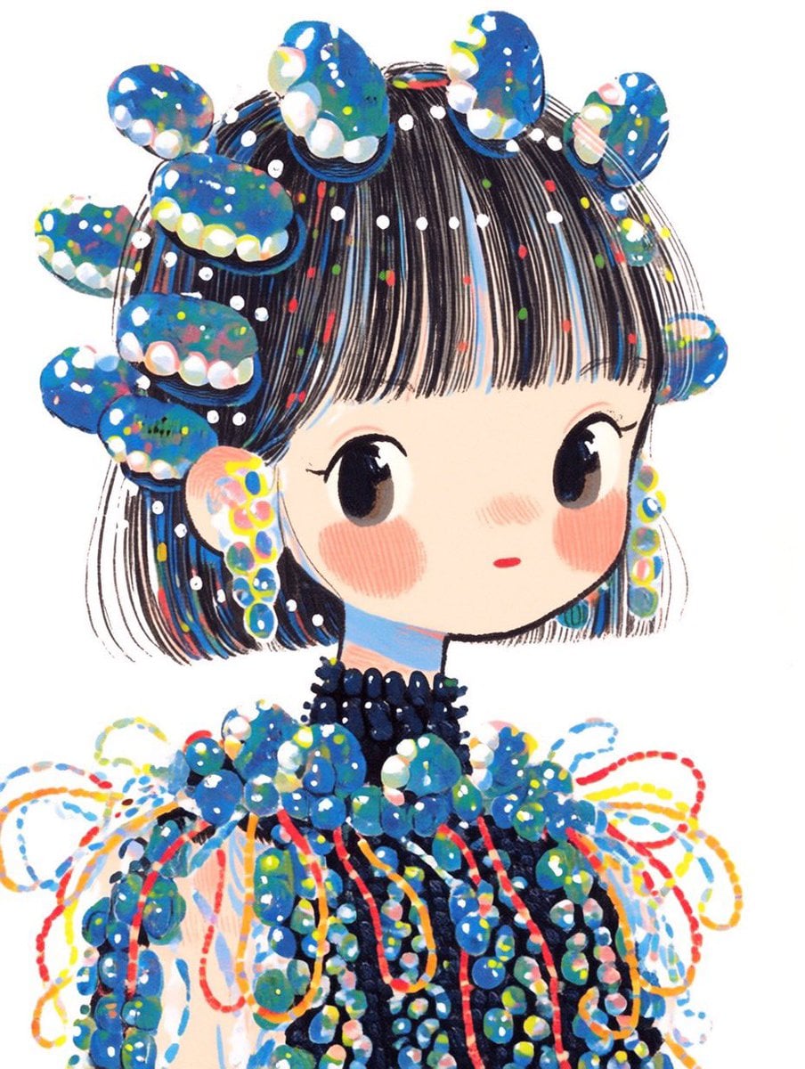 A whimsical fashion illustration of a cute doll-like girl...