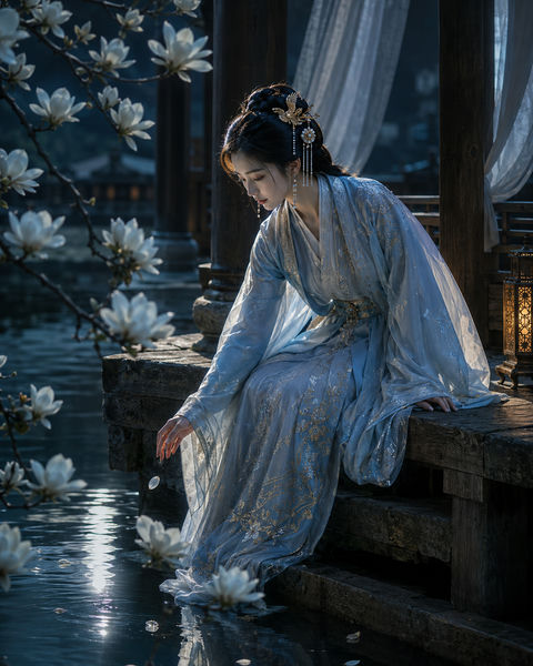寒江月影：临水木亭下的冰蓝汉服孤影