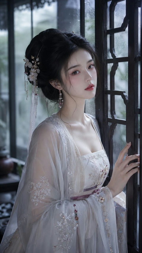 古风贵女冷感水光美妆写真雨后江南