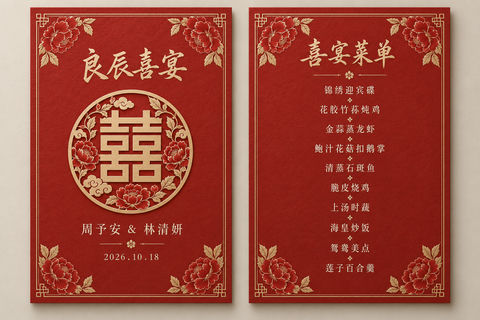 盛世红金中式婚礼宴会菜单设计